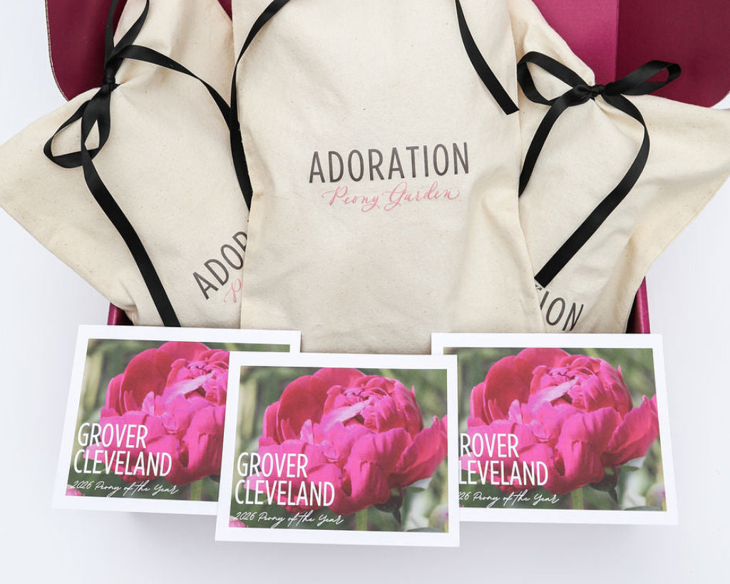 Product box featuring images of three peony blooms and three cotton bags.