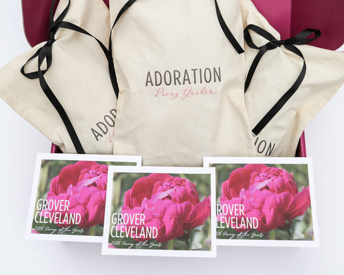 Product box featuring images of three peony blooms and three cotton bags.