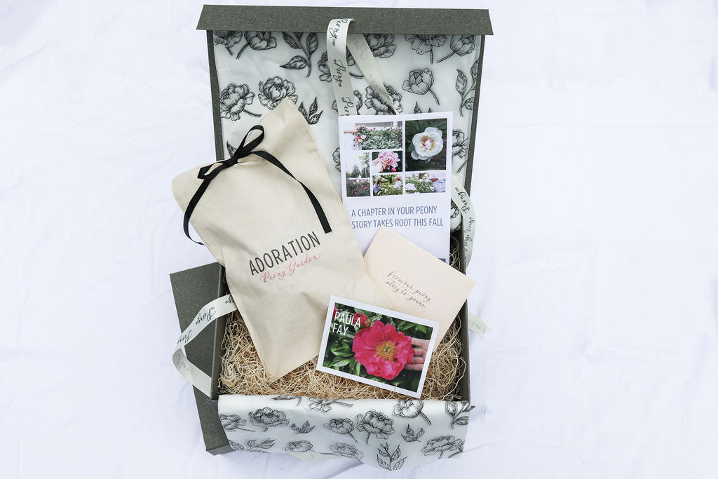 Gift box with a bag labeled 'Adoration' and floral-themed items on a white background