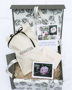 A gift boxes featuring a photo of a pink Sarah Bernhardt peony with an Adoration Peony Garden cotton root pouch